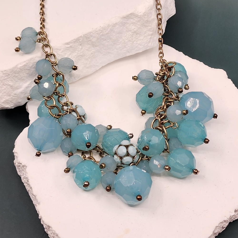New York Blue Faceted Bead Cluster Necklace Bronze Tone Statement Bib Chunky